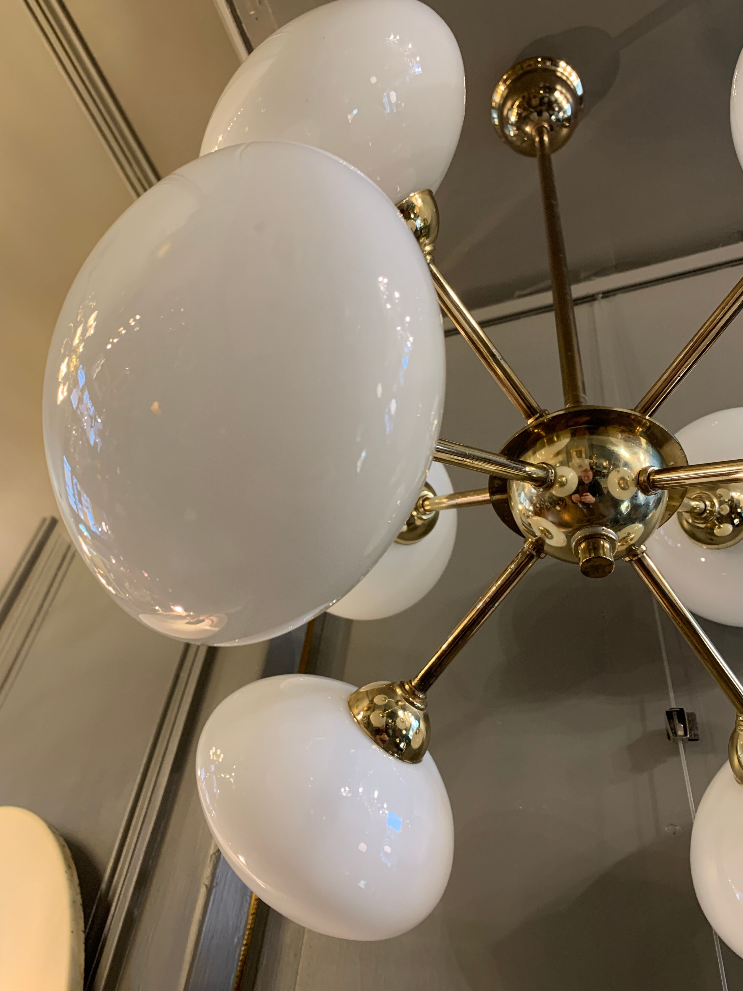 Chandelier pendant lamp design sputnik in golden brass, 8 globes balls opaline glass, ca 1970s