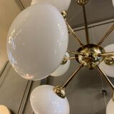 Chandelier pendant lamp design sputnik in golden brass, 8 globes balls opaline glass, ca 1970s