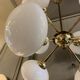 Chandelier pendant lamp design sputnik in golden brass, 8 globes balls opaline glass, ca 1970s