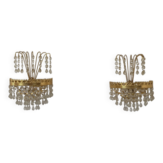 Pair of vintage wall sconces, glass and brass, Sweden, 1970.