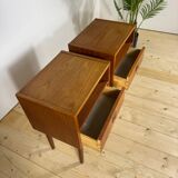 Pair of mid-century modern teak bedside tables with drawer.