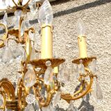 Lustre à pampilles 9 feux monumental en bronze doré et cristal suspension