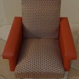 Retro vintage rockabilly armchair in orange faux leather and vintage fabrics