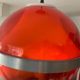 Space age pendant lamp in orange plexiglass and chromed metal