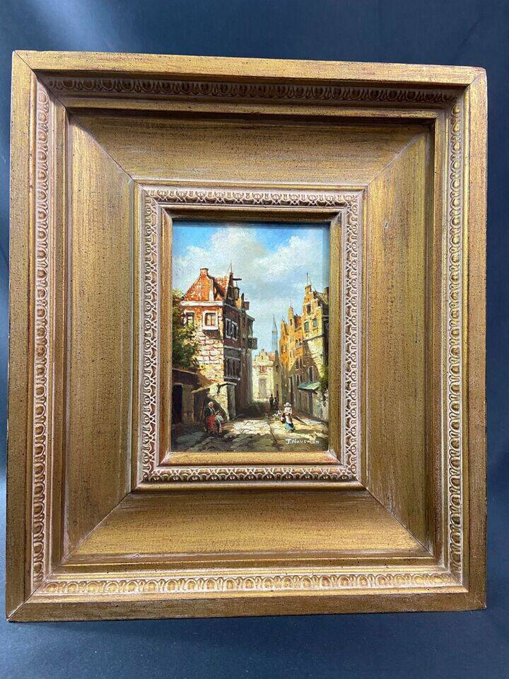 Oil painting on panel German school busy street Germany J. Hausman