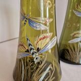 Pair of Enameled Glass Vases with Dragonflies. Unsigned Legras