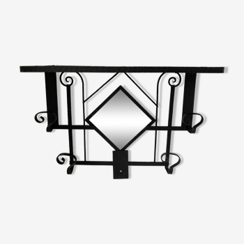 Coat rack, hats and mirror in wrought iron, beaten and black lacquered, 1930s