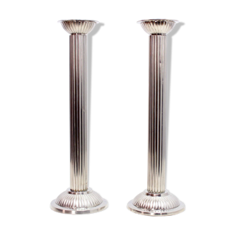 Pair of silver metal candle holders