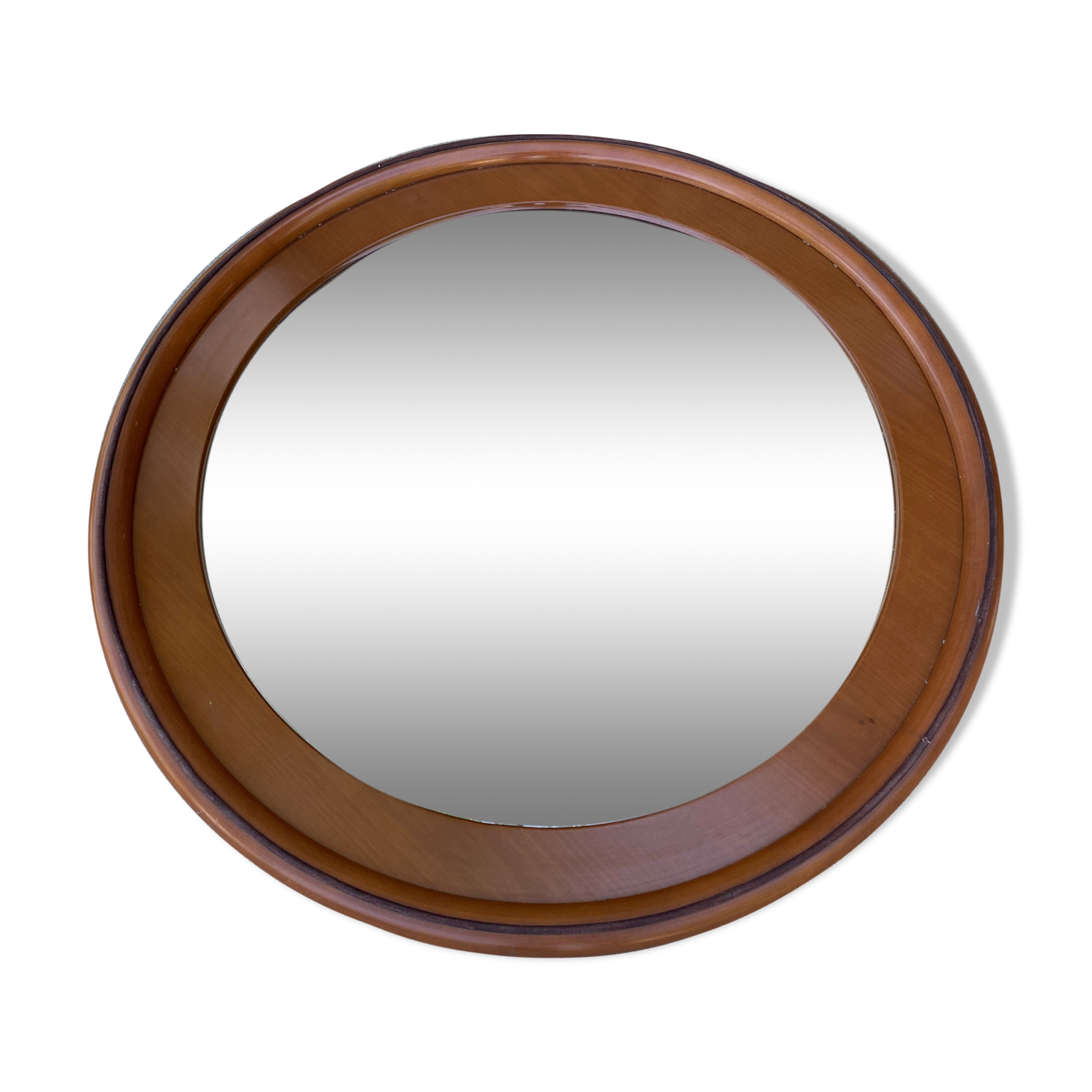 1970 wood and leather 86cm round mirror design