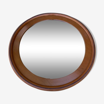 1970 wood and leather 86cm round mirror design