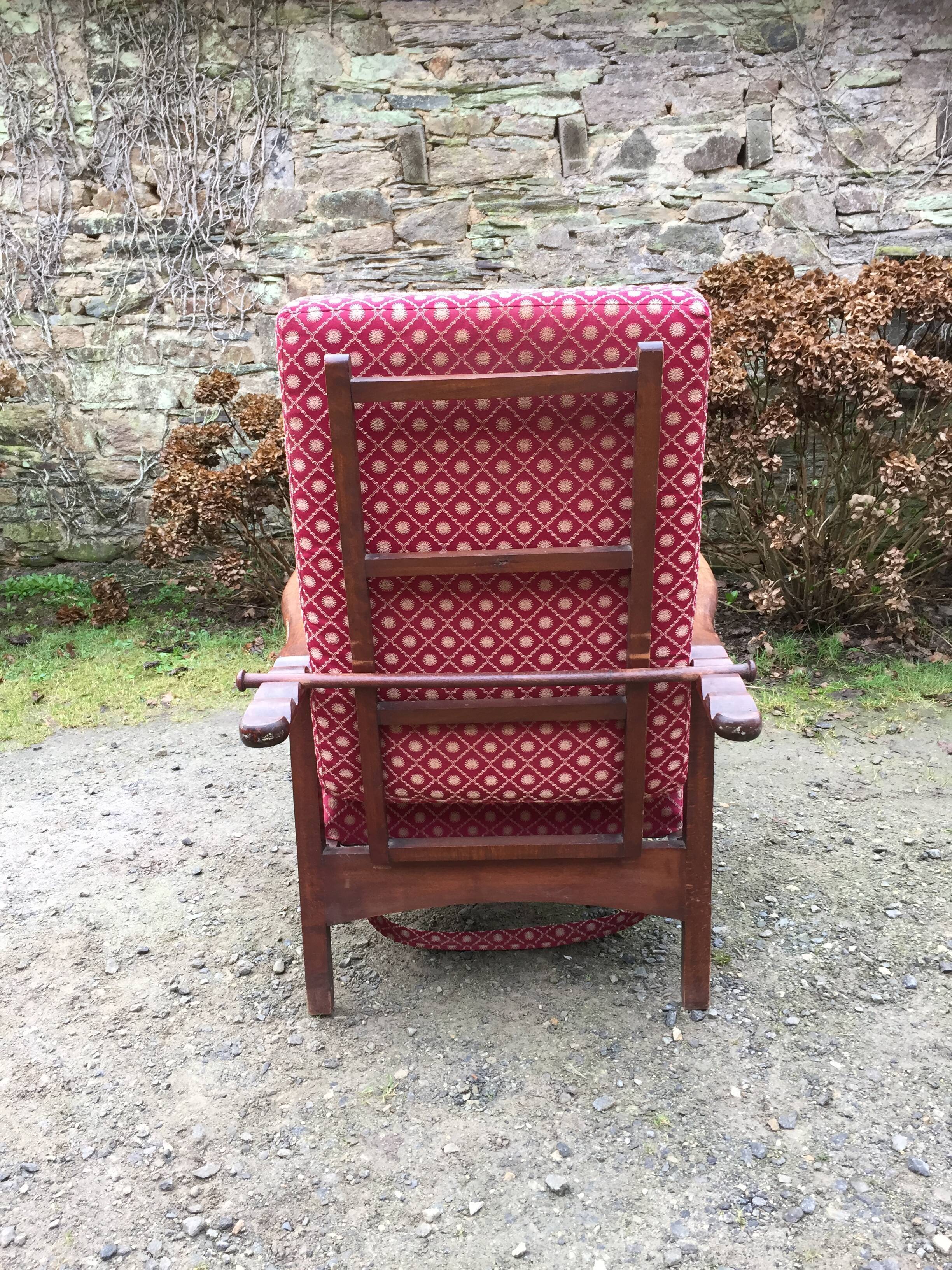 Vintage morris armchair in beech and fabric bordeaux napoleon iii