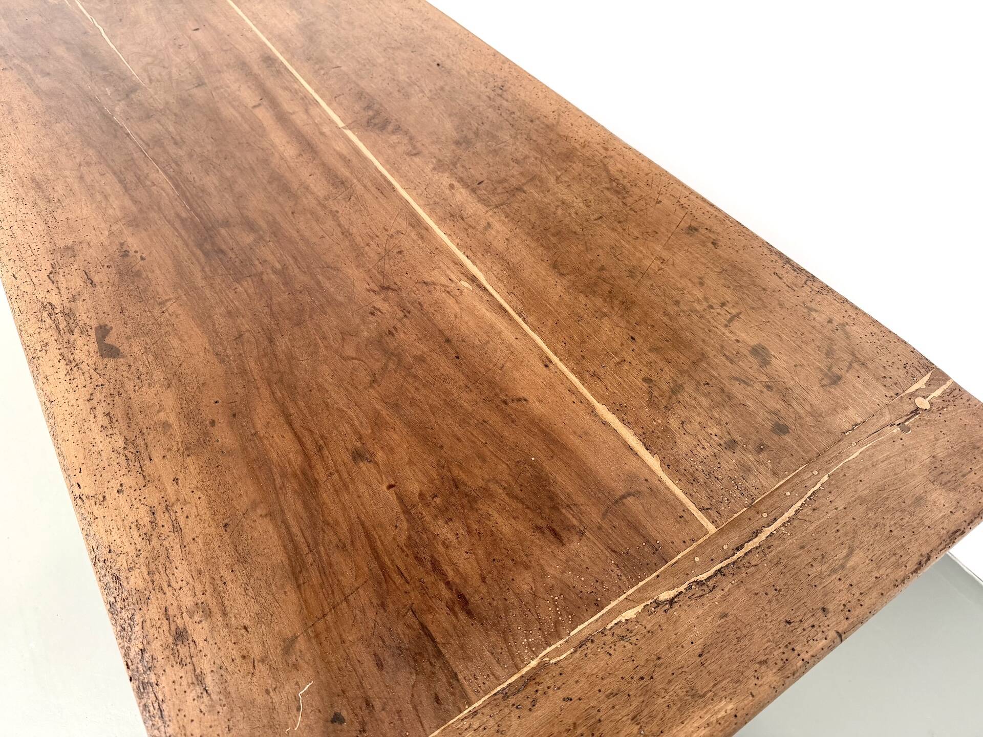 Farm table, old solid oak dough trough, France, around 1920.