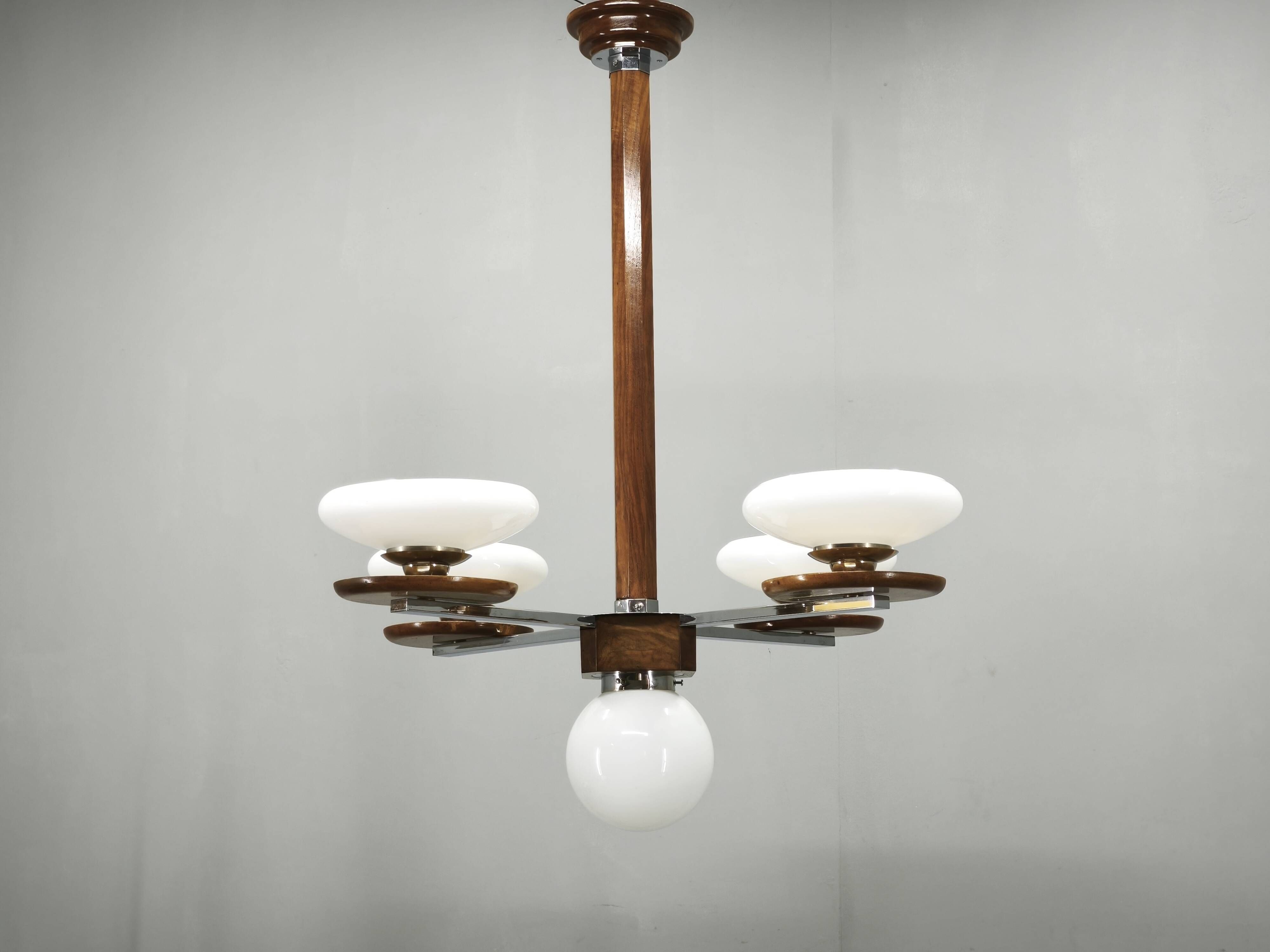 Czech Art Deco Walnut, Chrome and Opaline Glass Chandelier, 1930s