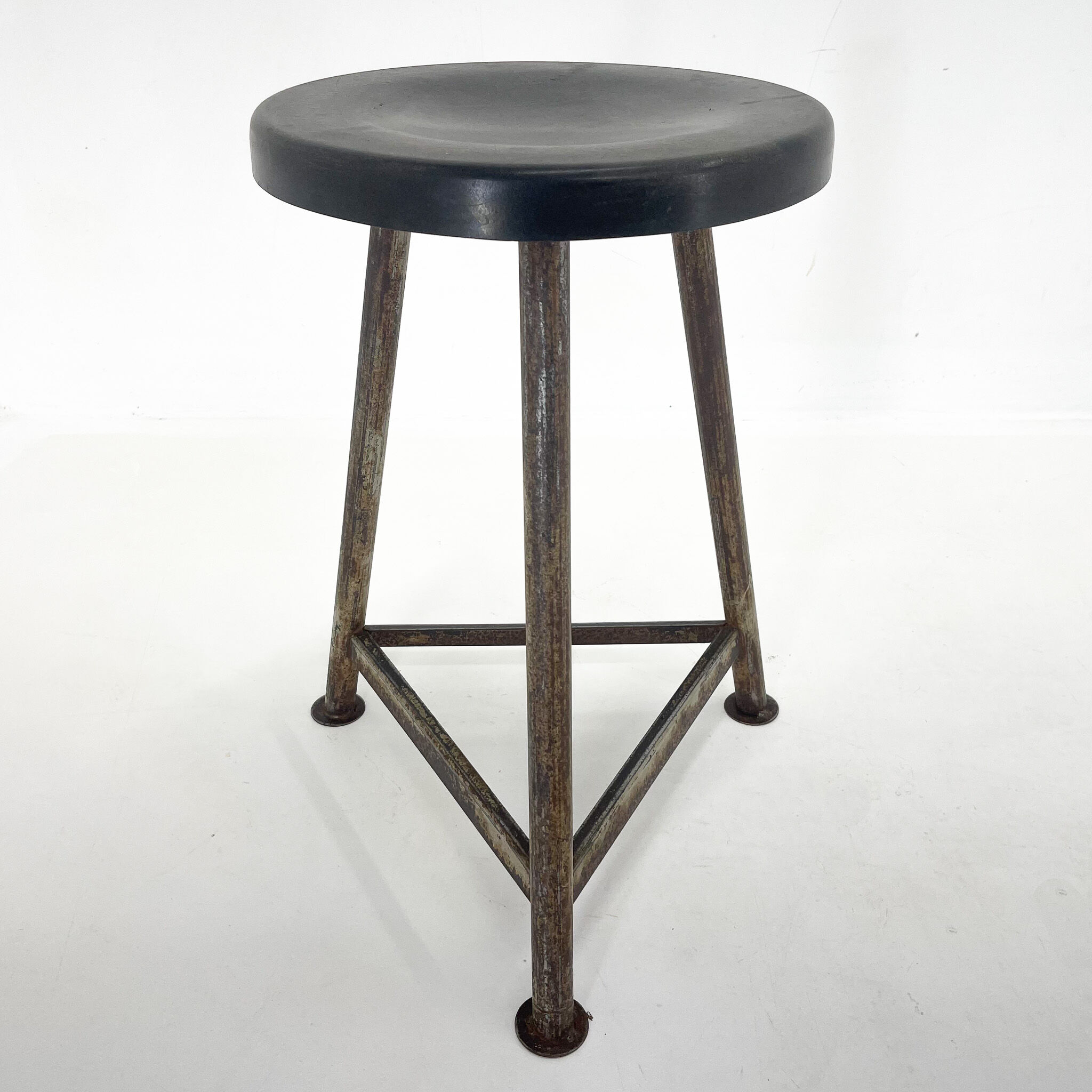 Vintage Industrial Iron Tripod Stool with Original Plastic Seat, 1950's