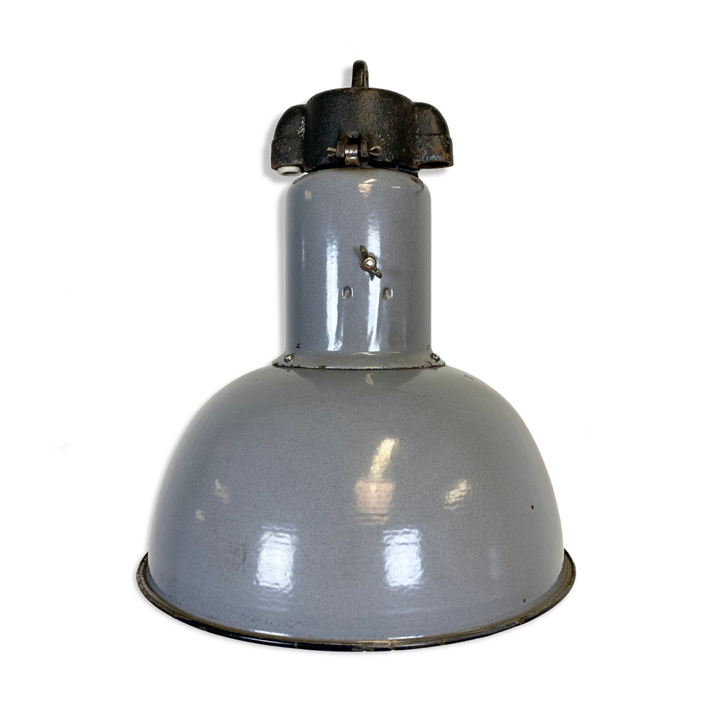 Industrial grey enamel hanging bauhaus lamp, 1930s