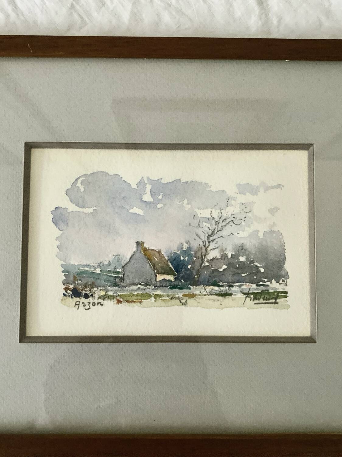 Small watercolor painting landscape Brittany Arzon signed