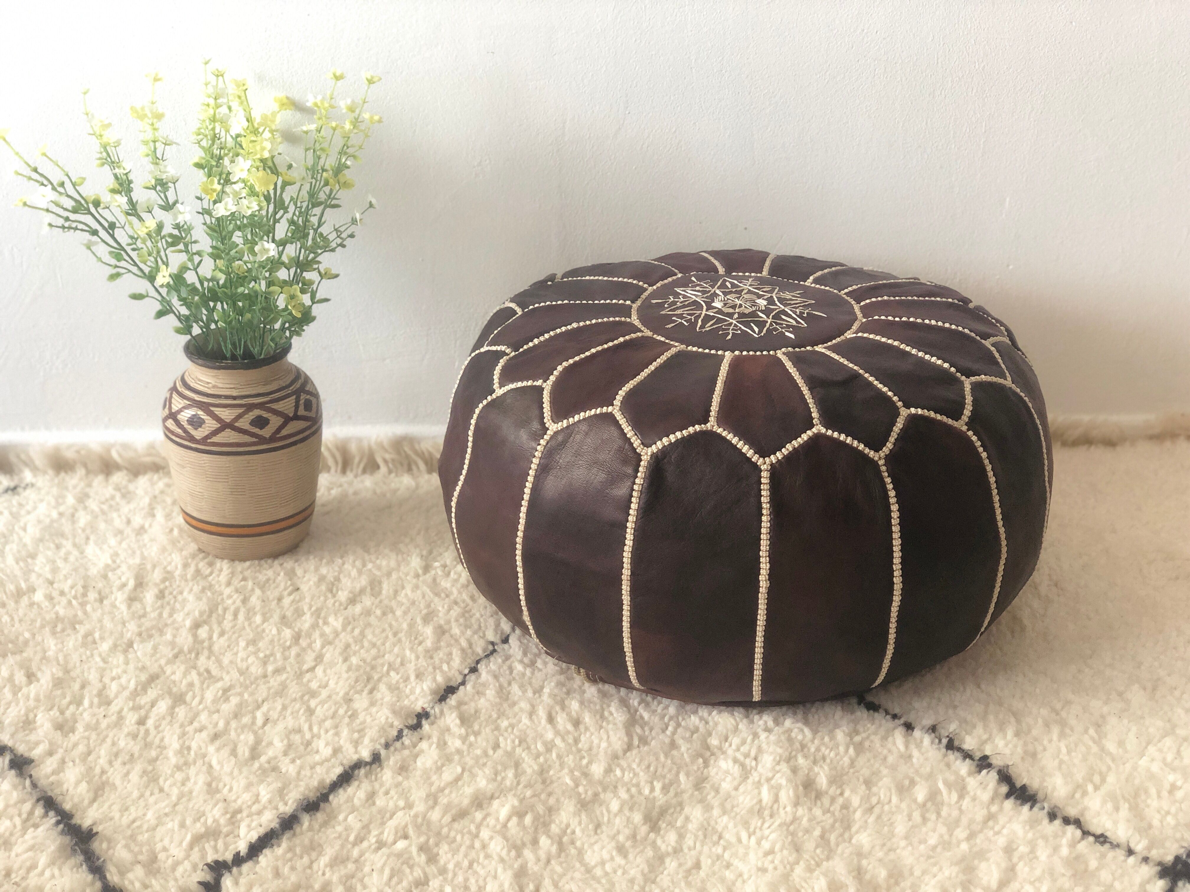 Moroccan-style chocolate leather Pouf