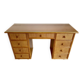 Bureau en cannage / Rotin plateau verre 9 tiroirs faible profondeur