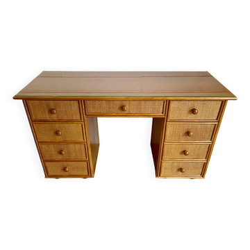 Bureau en cannage / Rotin plateau verre 9 tiroirs faible profondeur