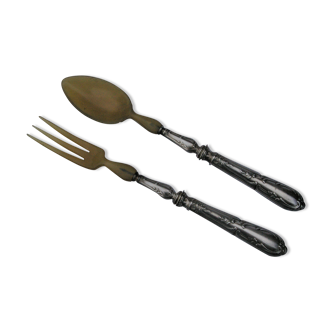 Louis XV Marly salad serving cutlery Silver metal and horn