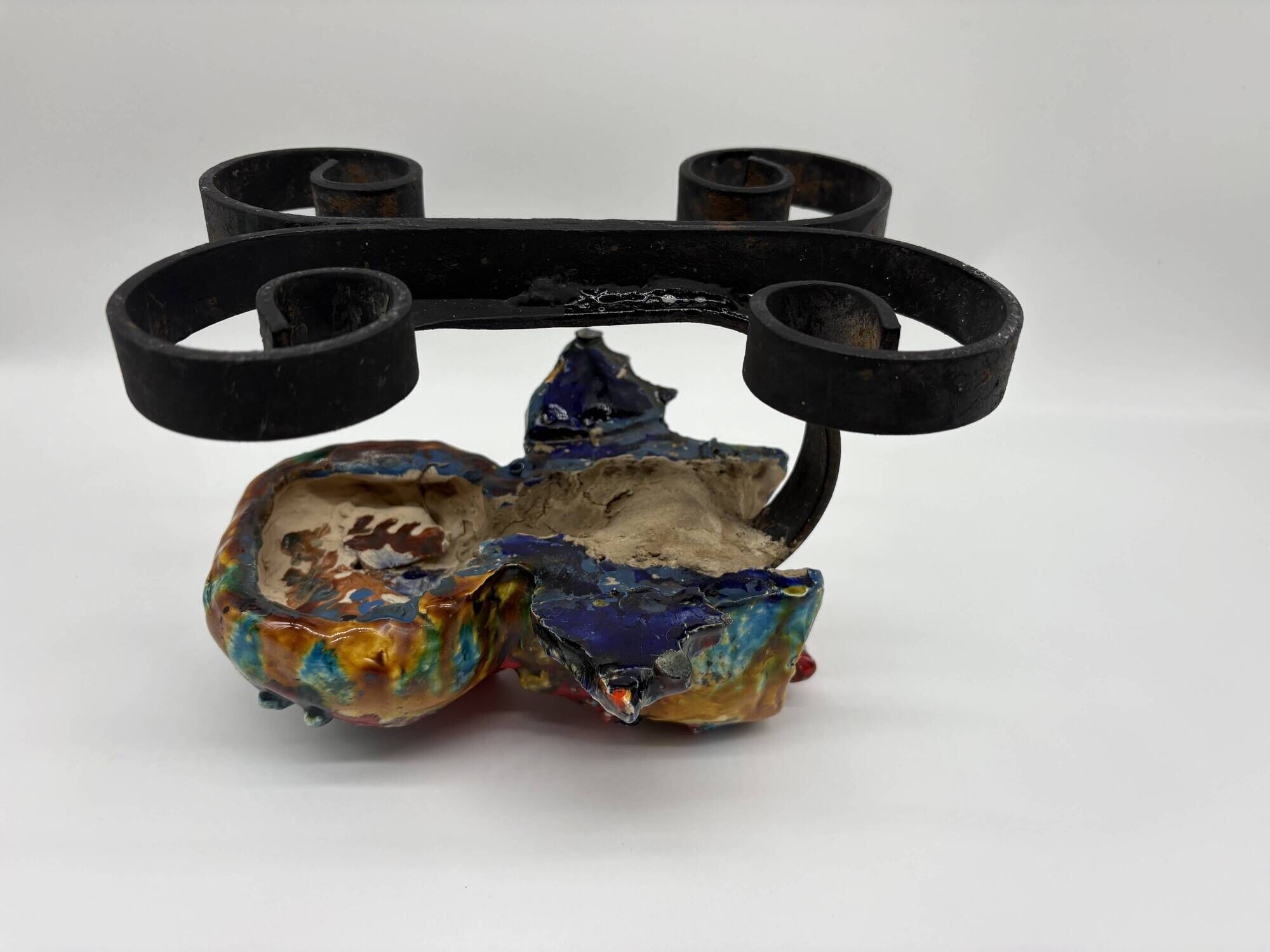 Owl Sculpture in Glazed Ceramic Dated 1991 on Wrought Iron Base