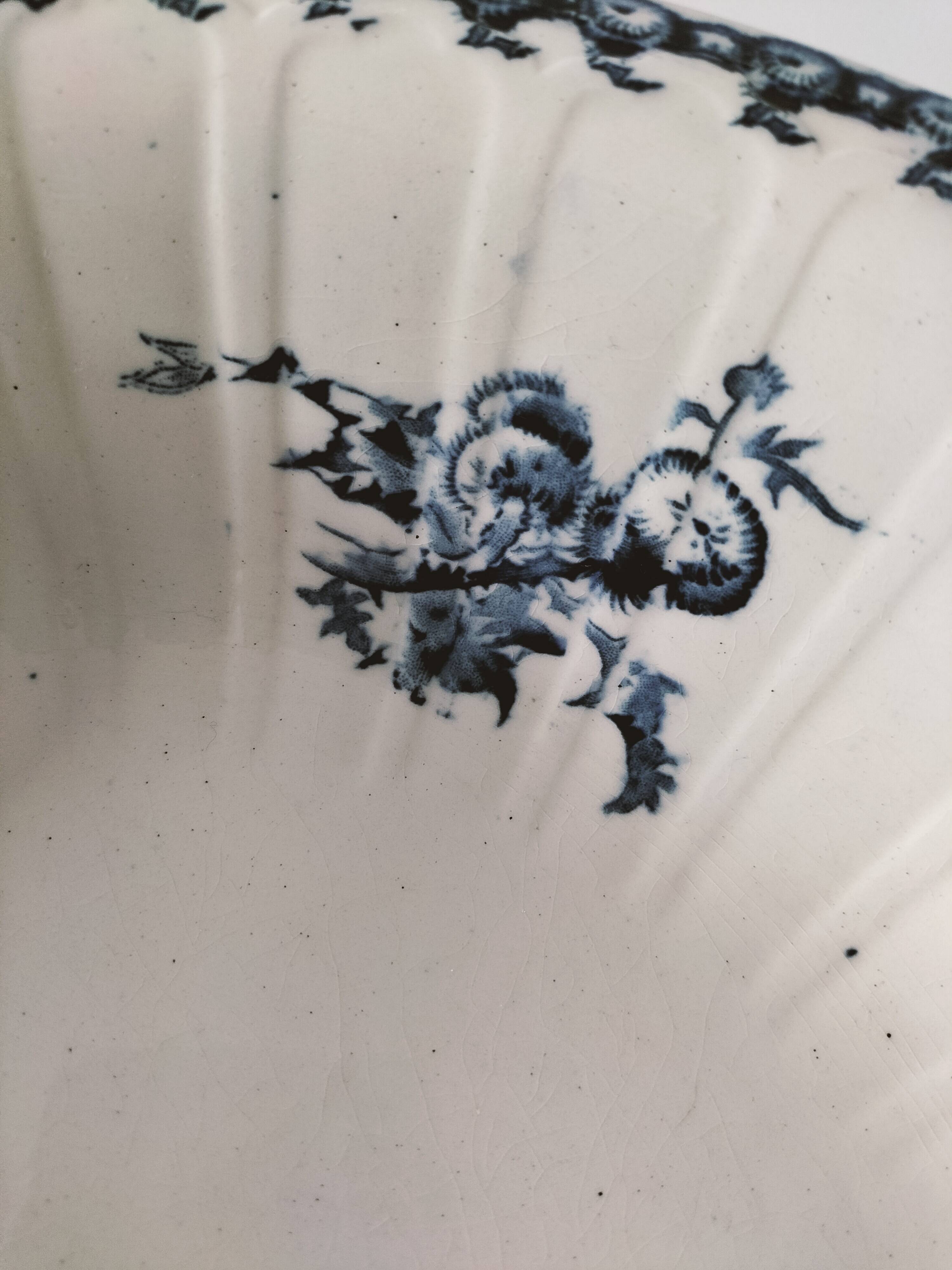 Large antique Gien hollow dish, Chardons blue model – fine 19th century earthenware