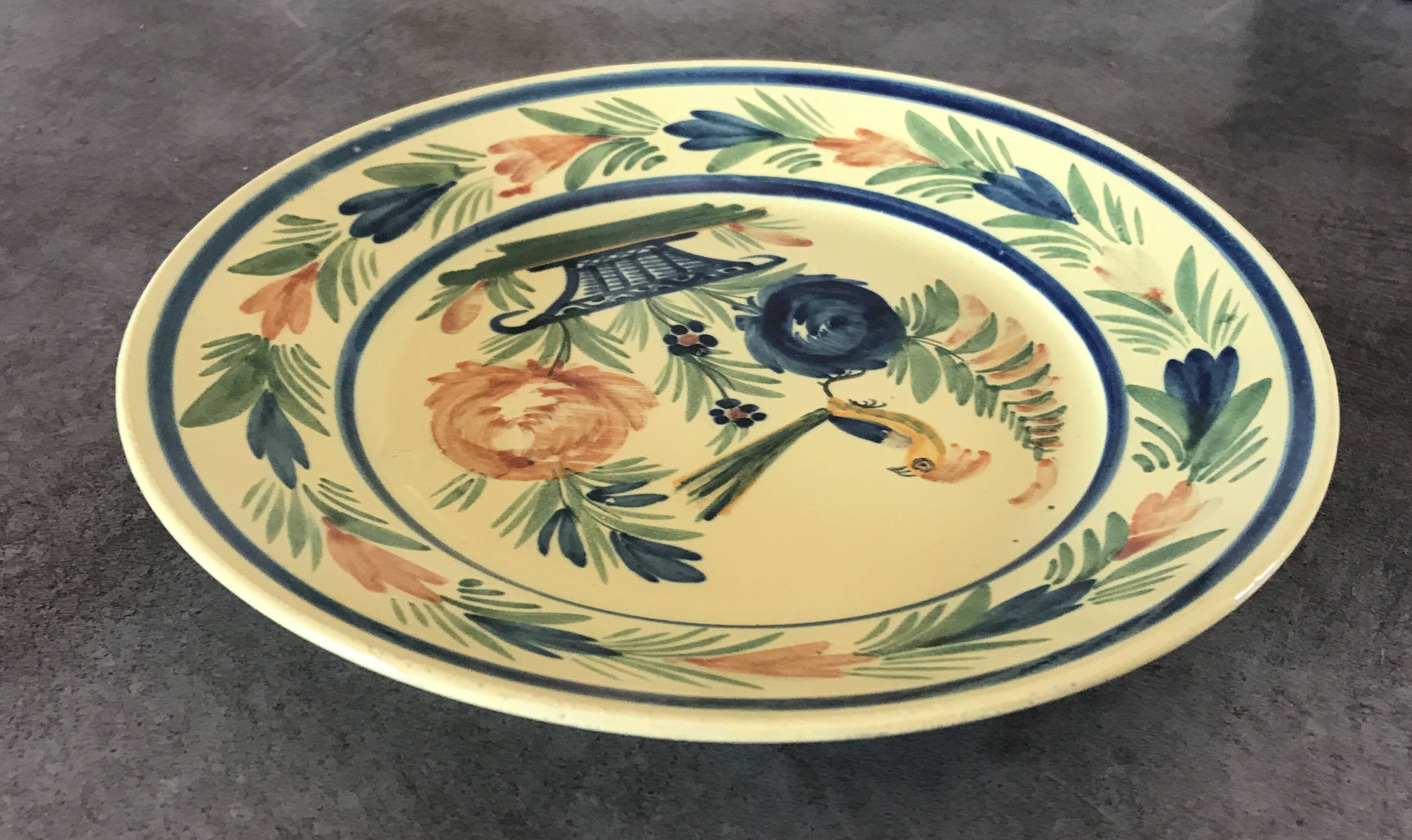 Antique earthenware plate hb henriot quimper floral and bird basket decor