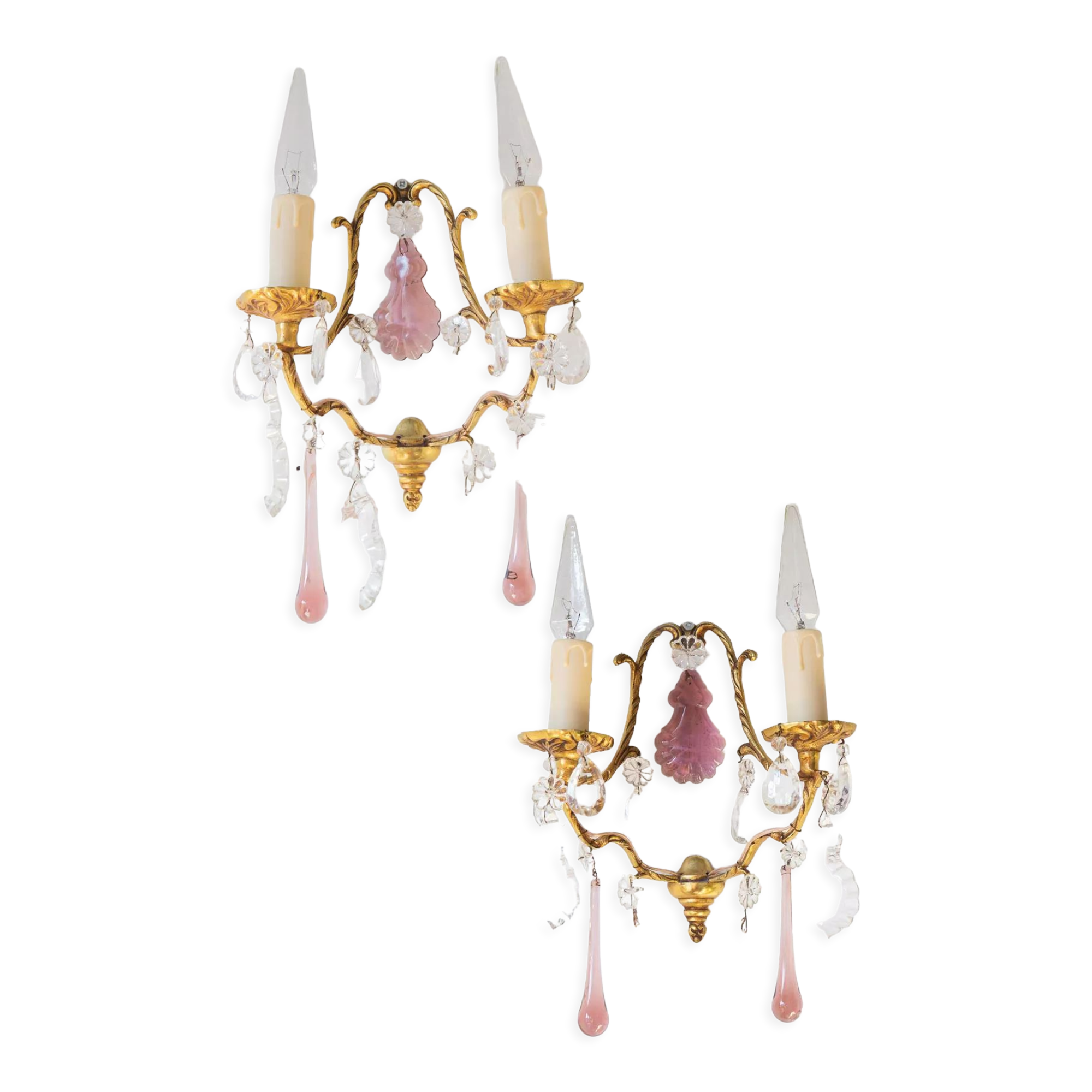 Pair vintage brass wall lamps and tassels