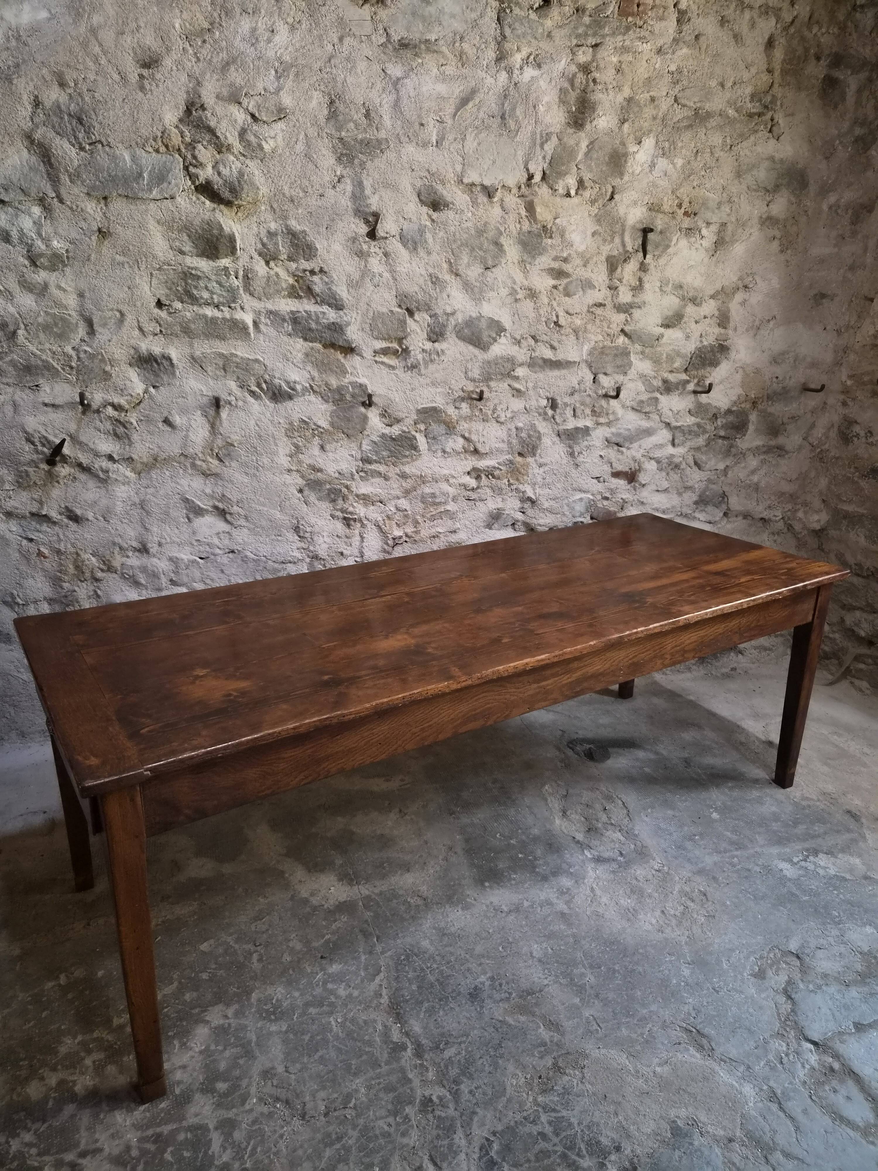Table à manger de ferme française ancienne avec deux tiroirs | Chêne & pin | vers 1850–1900