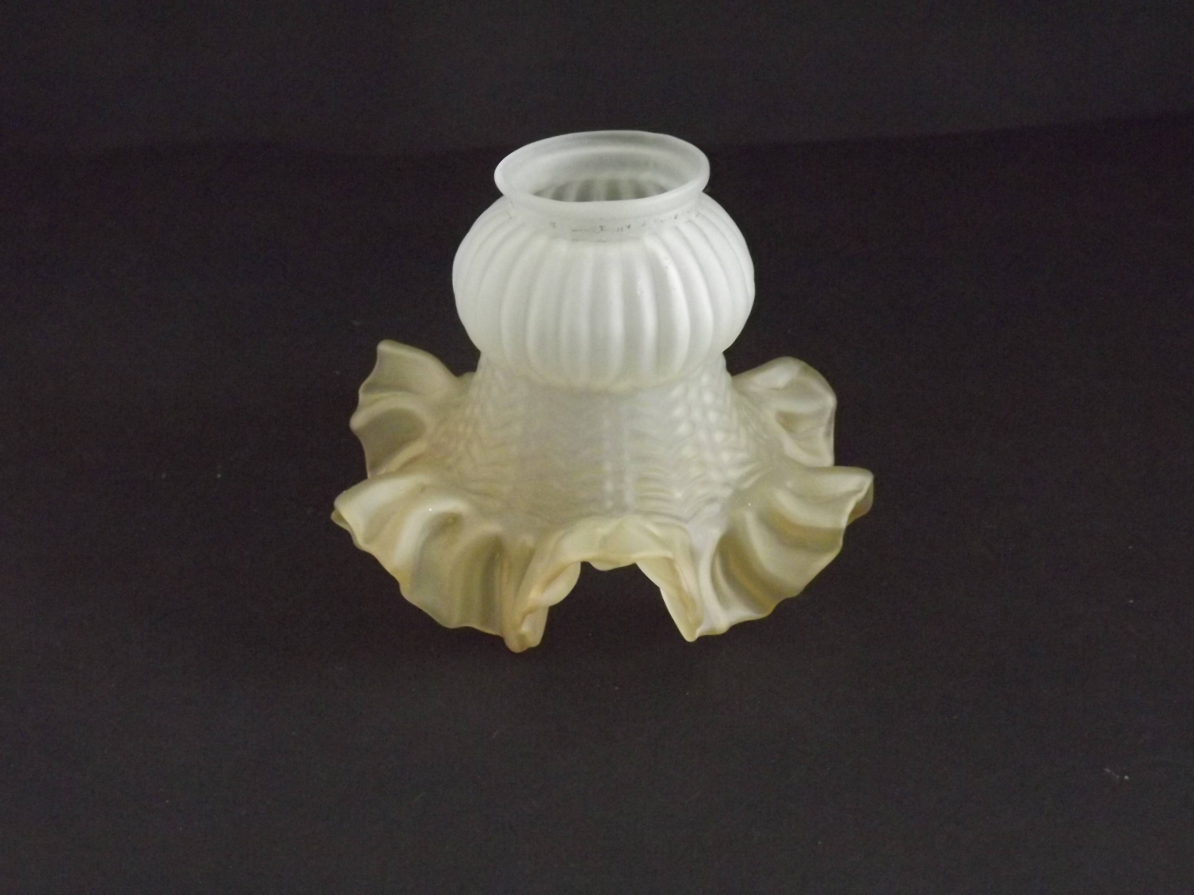 Vintage French Opaque White Glass Replacement Shade with Frilled Amber Edge