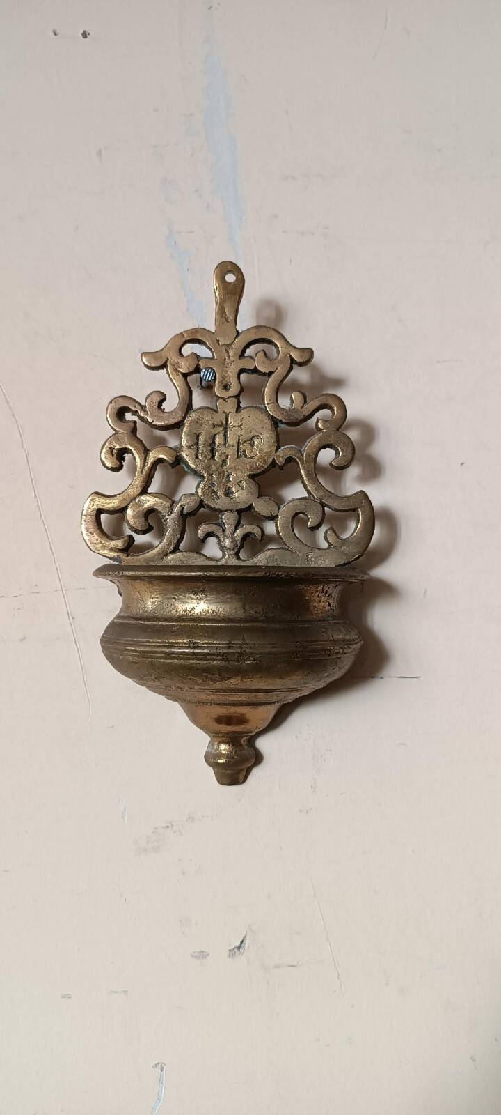 19th century antique holy water font brass bronze IHS