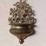 19th century antique holy water font brass bronze IHS
