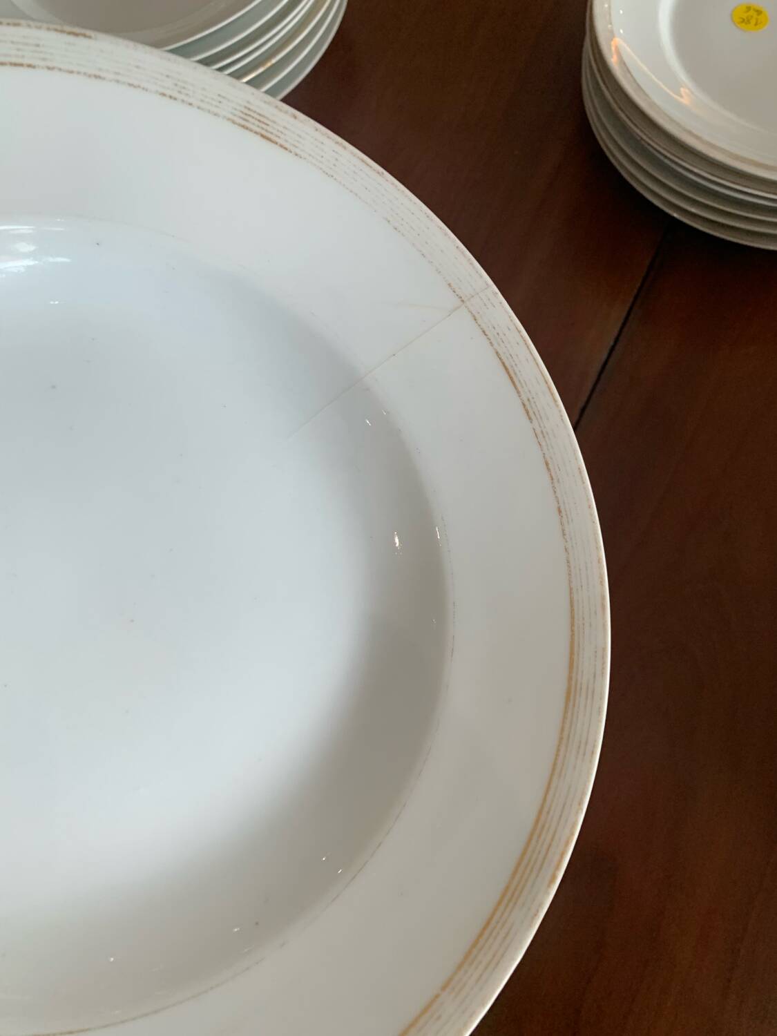 Lot of six soup plates, old, crockery, white, gilded