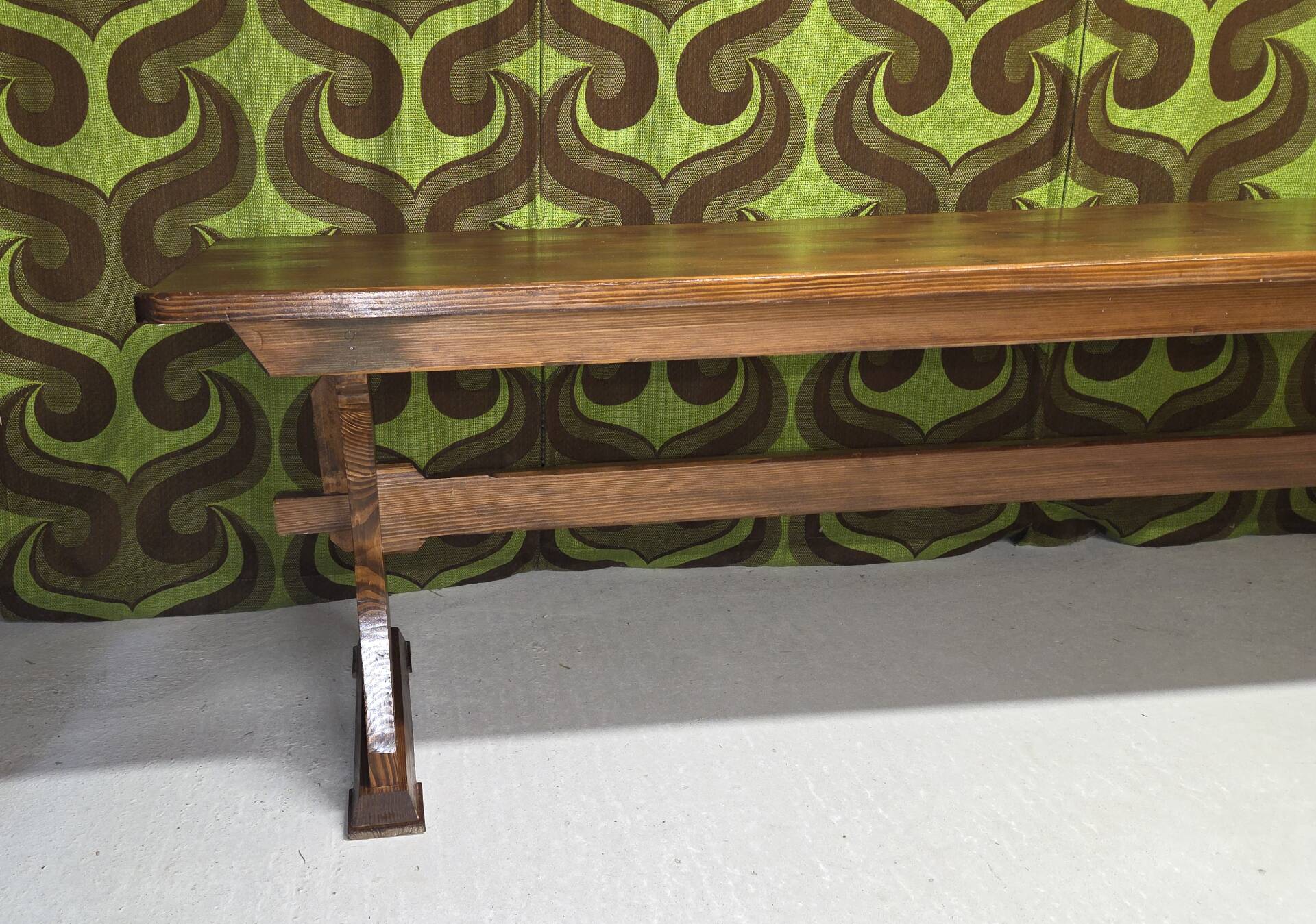 Large vintage table in solid pine, rustic brutalist, 70"