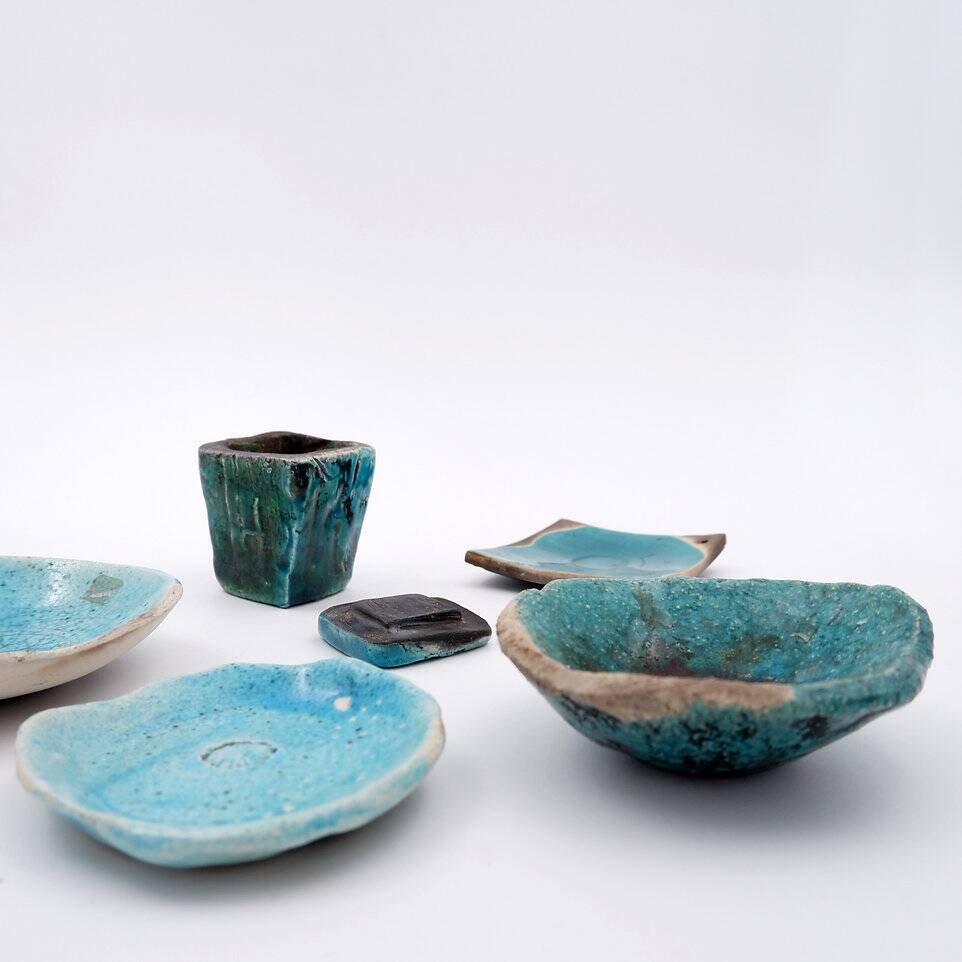 Set of decorative turquoise ceramics "Fond d'Atelier" - N.Lebrun - Belgium 1970s