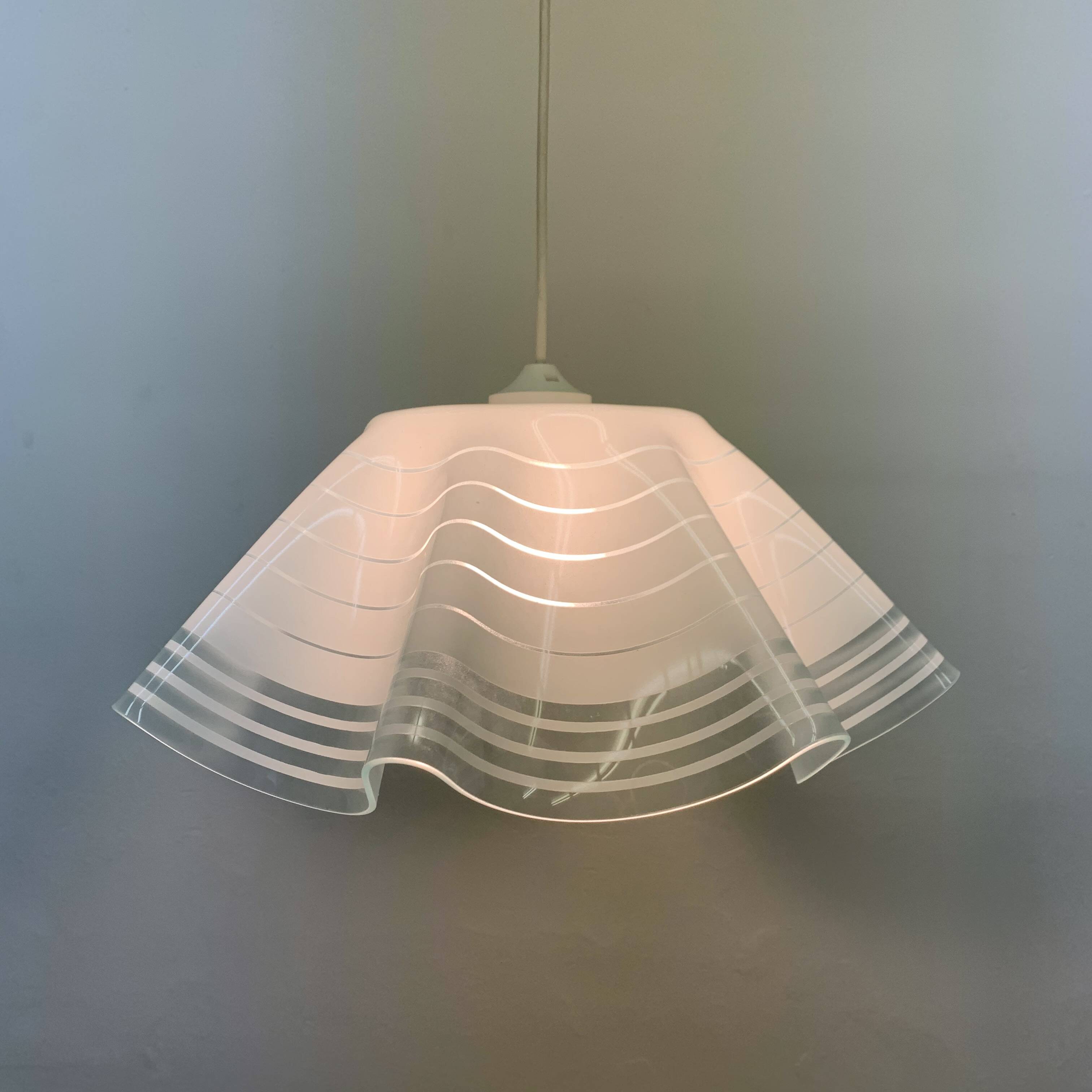 Mid-century minimalist folded glass hanging lamp, 1980’s