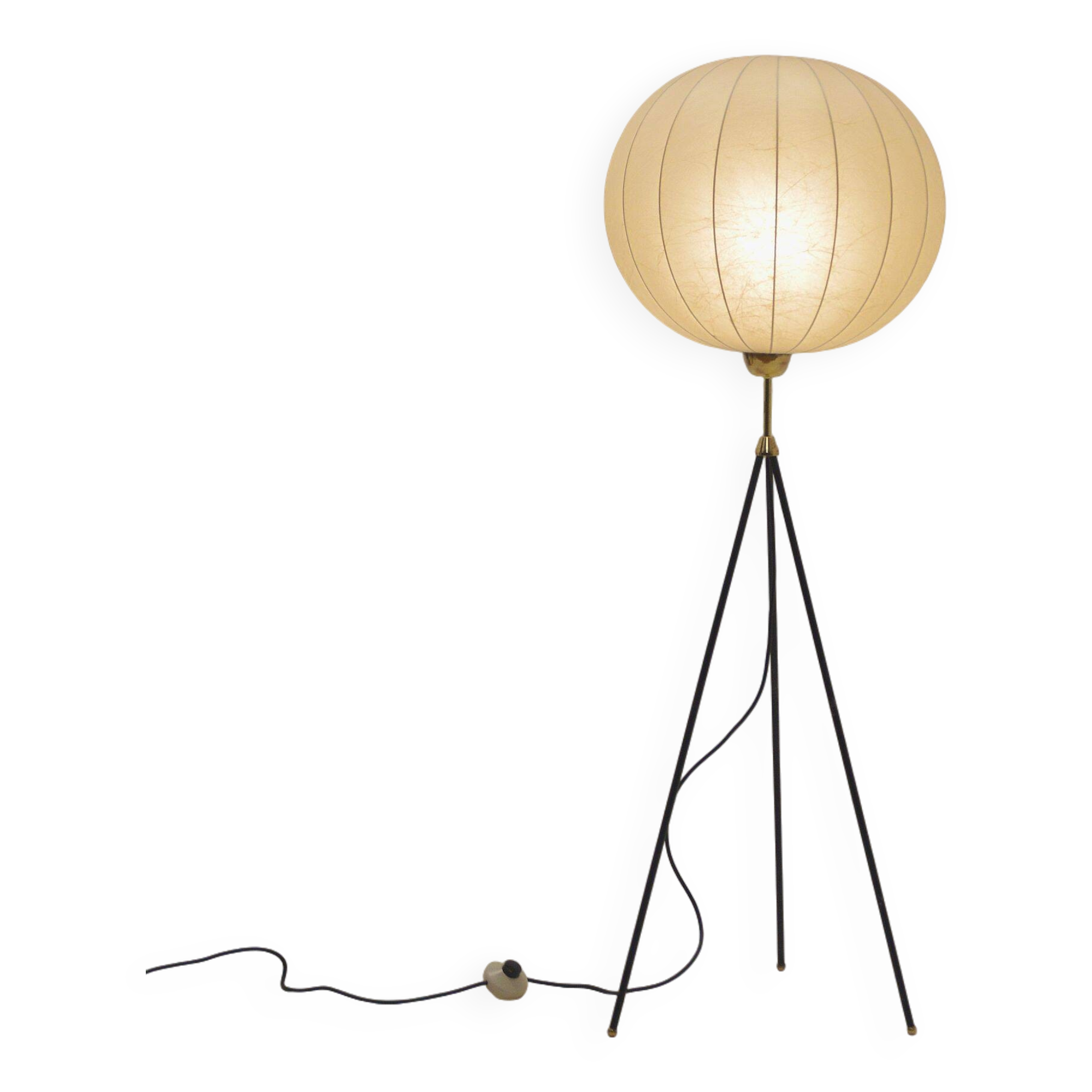 Lampadaire tripode cocon en fibre de verre et laiton, années 1960