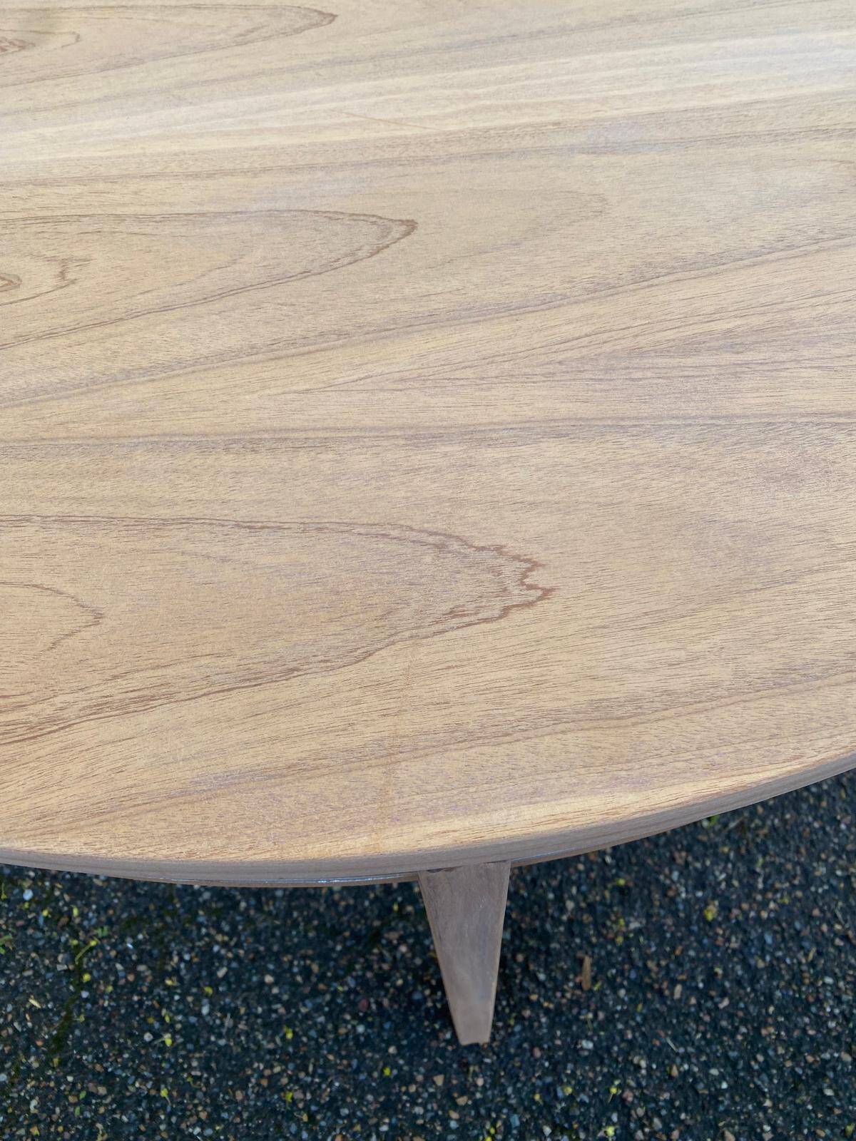 Renovated round extendable Scandinavian dining table in teak, 153cm.