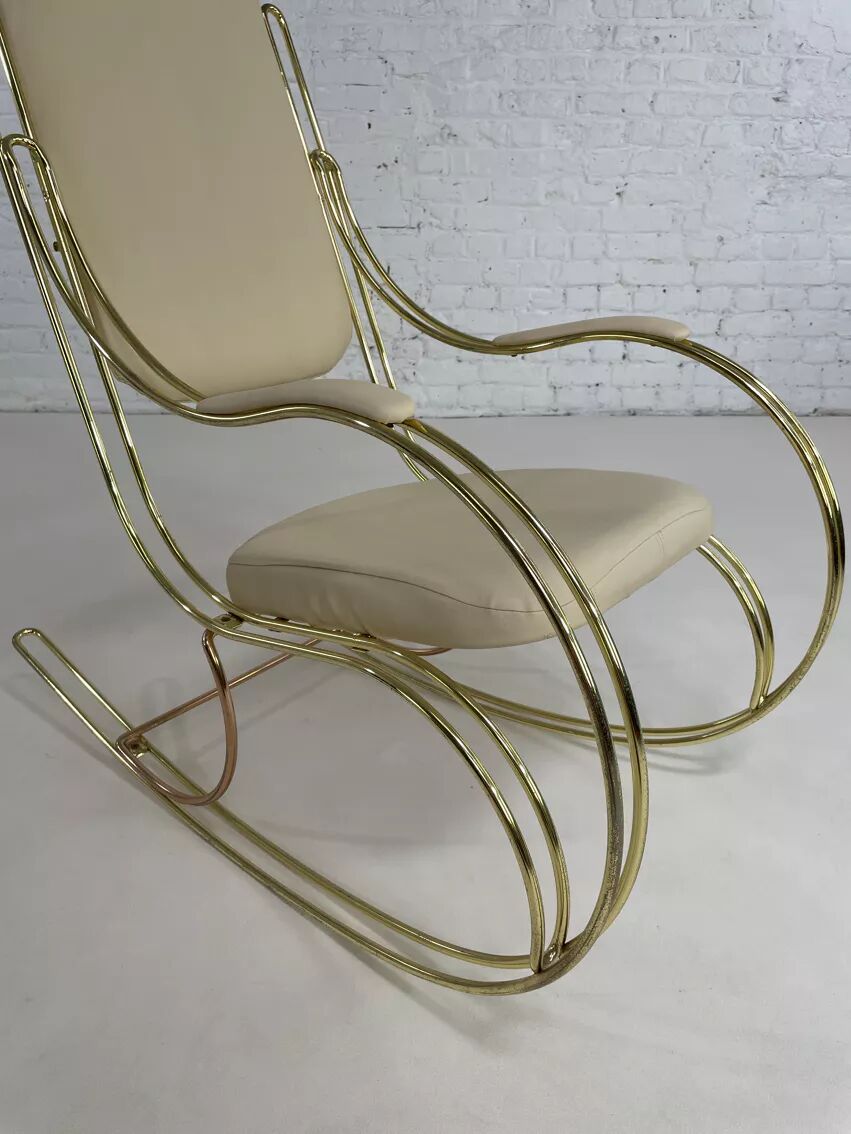 60s rocking chair in brass and ecru faux leather