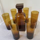 Decanter service and 6 amber glasses