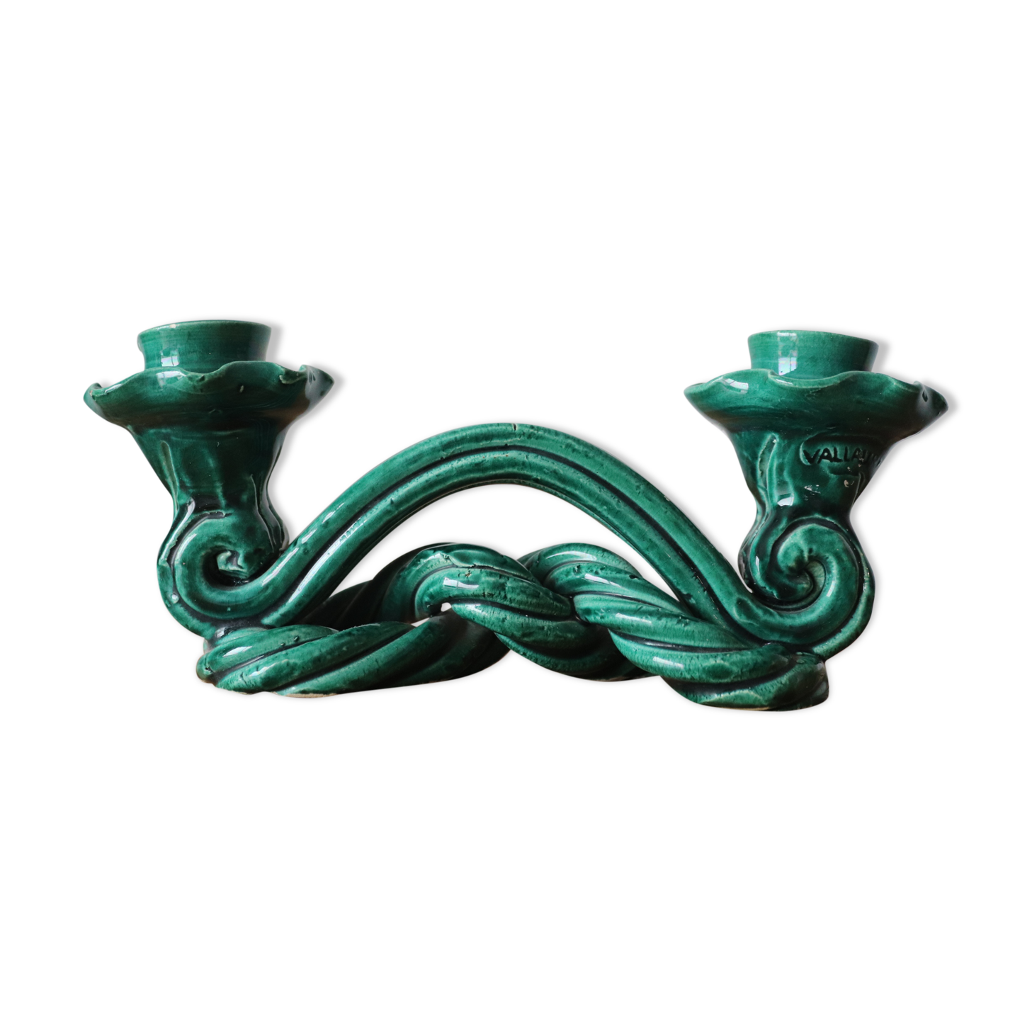 Double candle holder in green ceramic vallauris