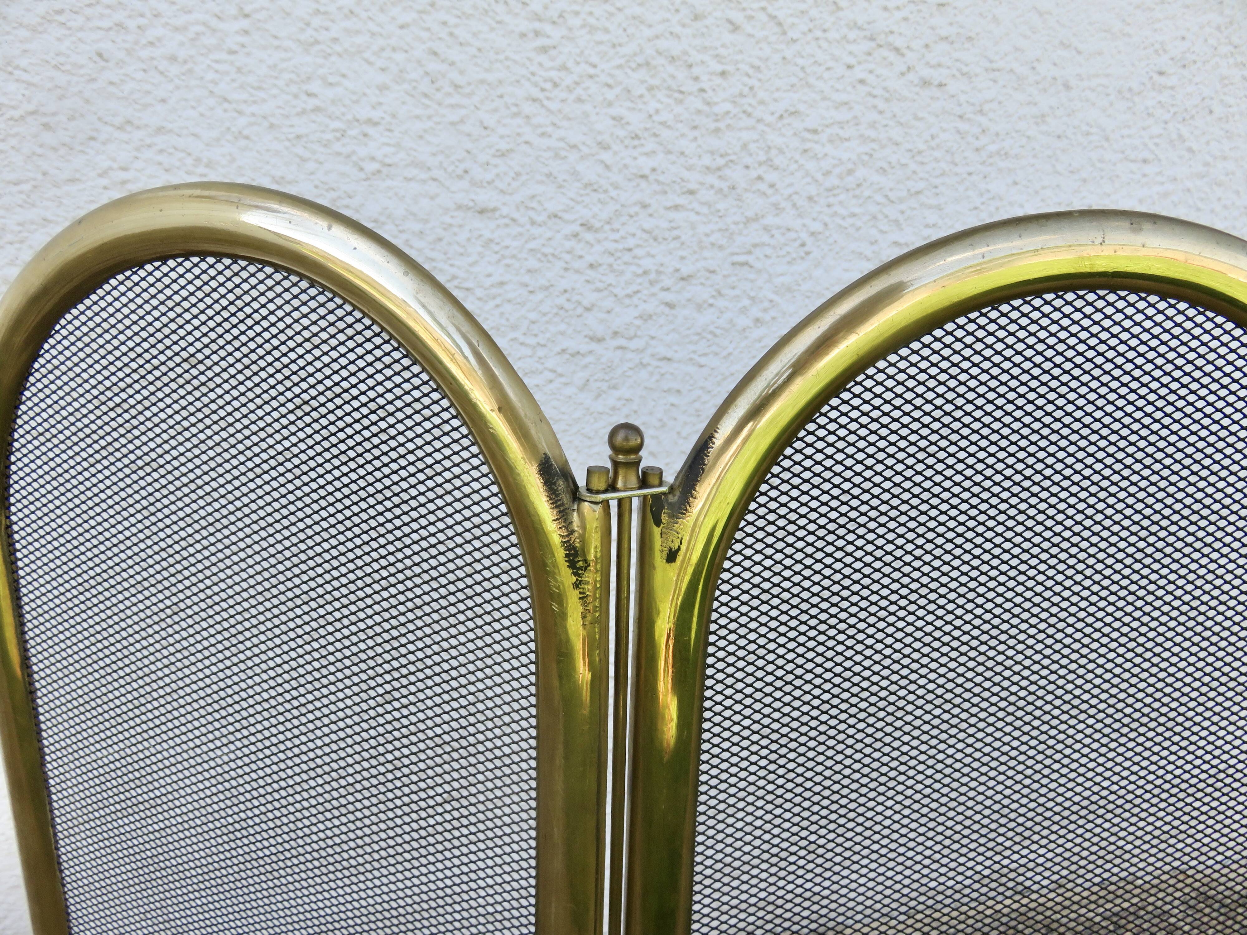 Fireplace screen, spark guard, brass, gilded, 4 panels, 1950.