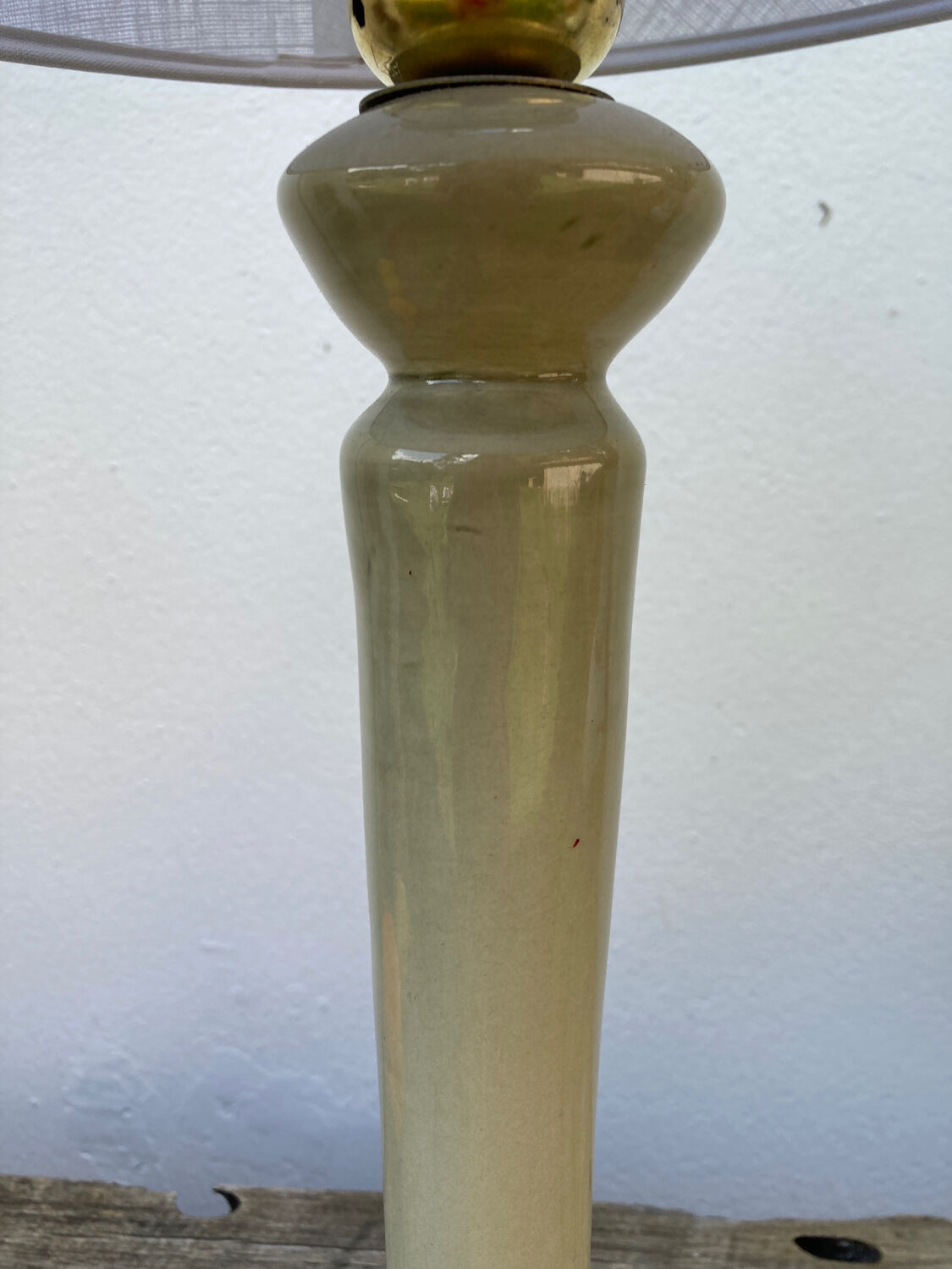 Beige ceramic lamp and iridescent white lampshade