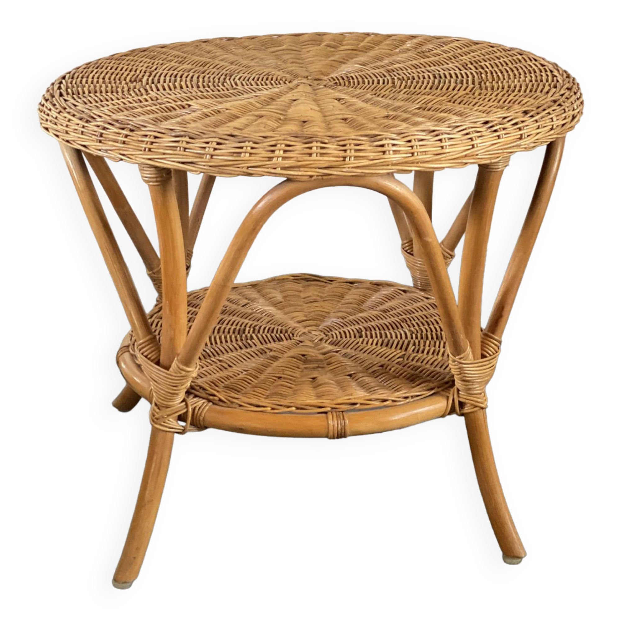 Vintage round rattan and bamboo salon table