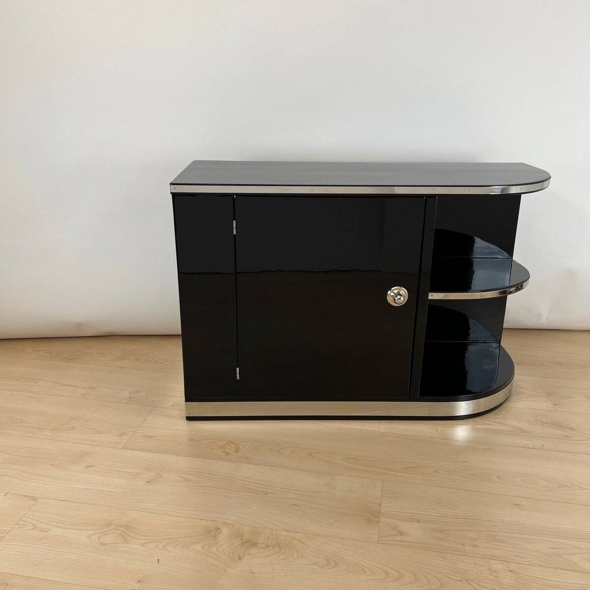 Art Deco Black Lacquered Lowboard with Chrome Fittings, France, 1930s