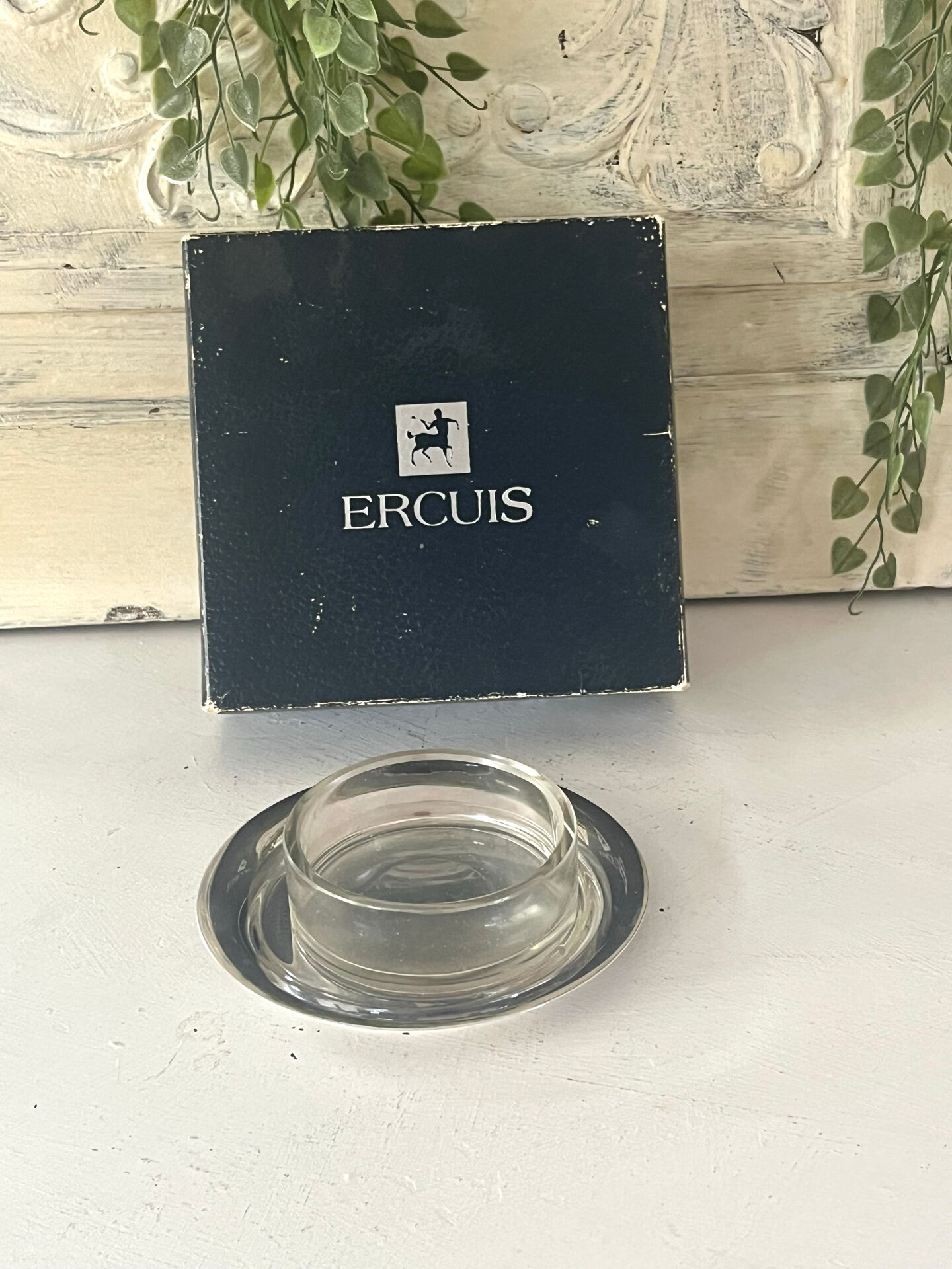 Silver plated butter dish with crystal insert by Ercuis, original box