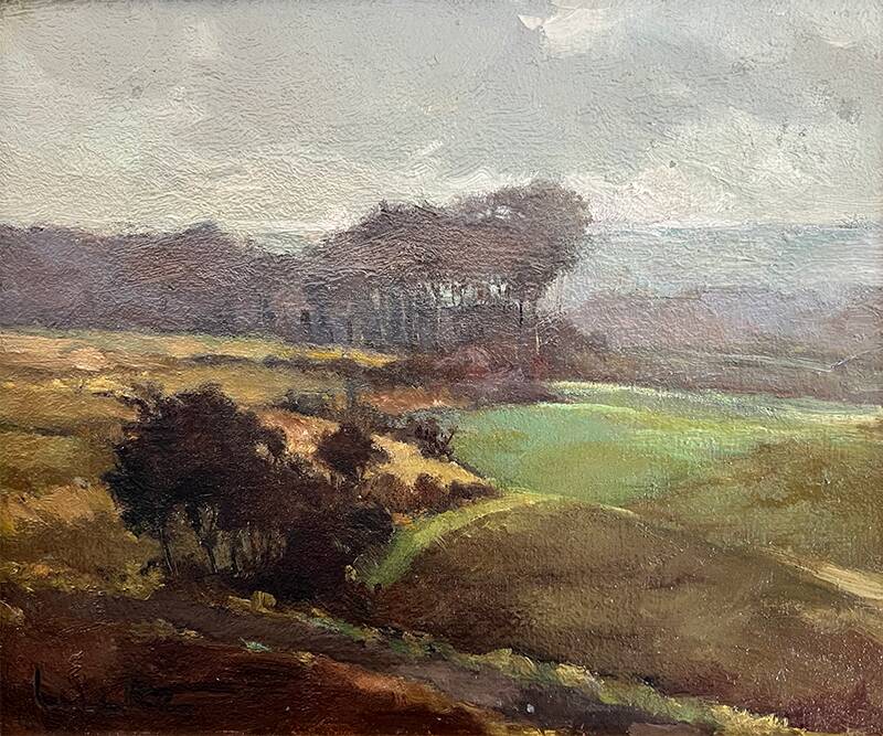 Painting “Countryside Landscape”, oil on hardboard, signed.