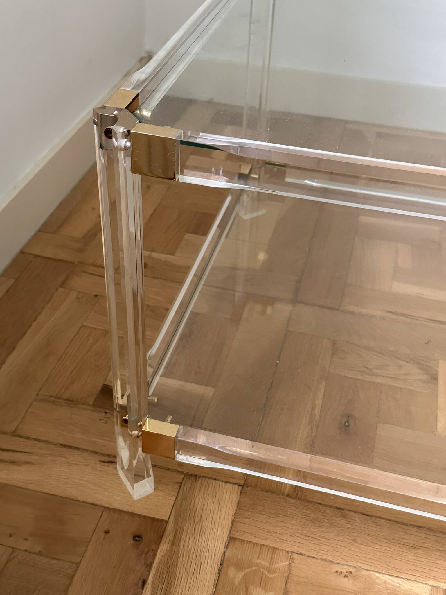 2 plexiglass, brass and glass coffee tables, circa 1970