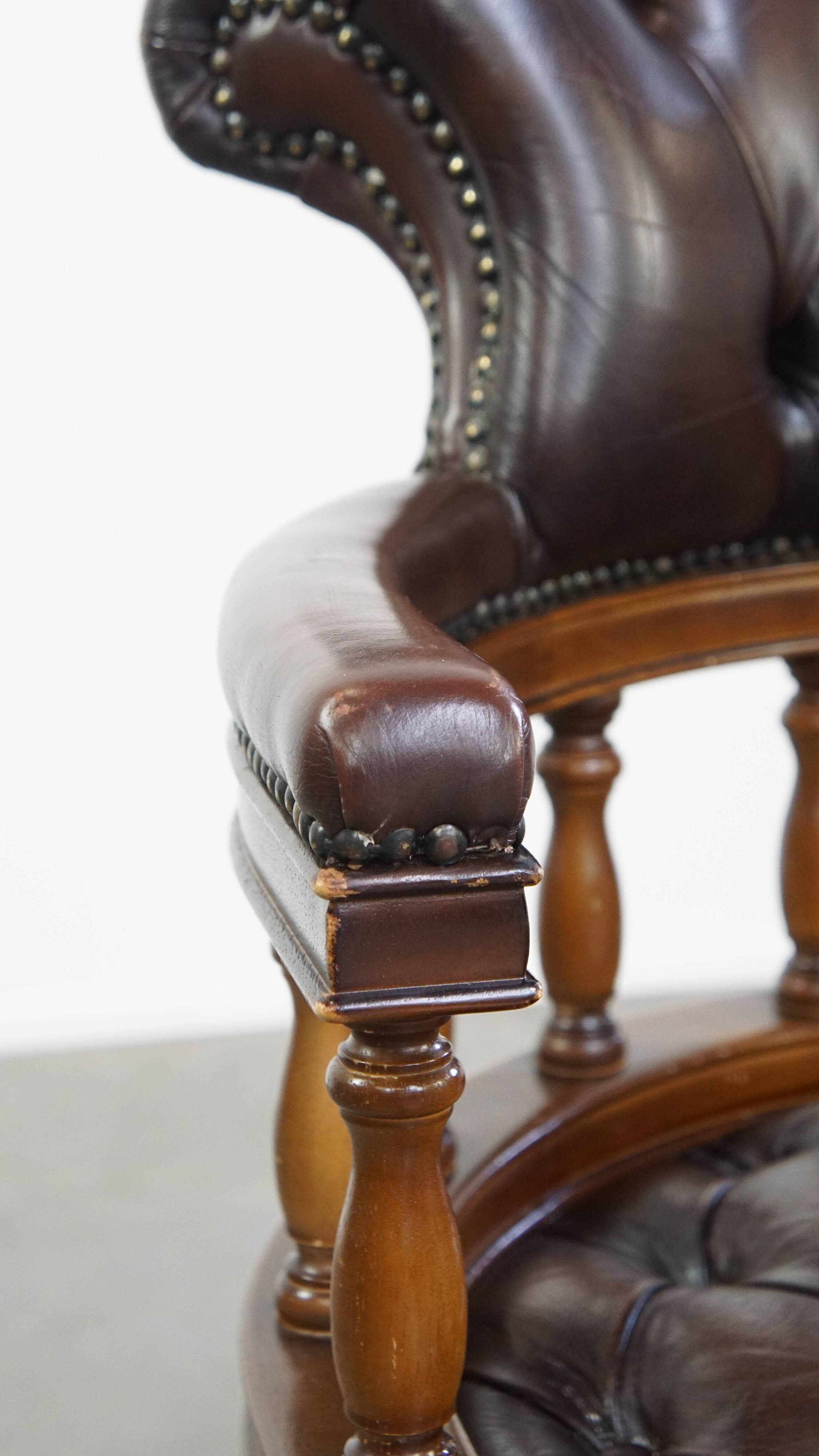 Chesterfield Office Chair on Wheels in Dark Brown Cowhide Leather