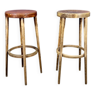 Ensemble de tabourets de bar bois clair Baumann France années 50